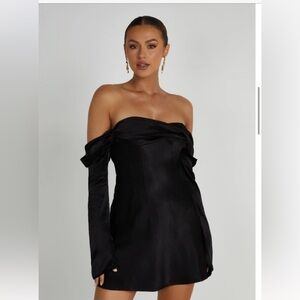 Meshki Black Off-the-Shoulder Long Sleeve Sheath Dress